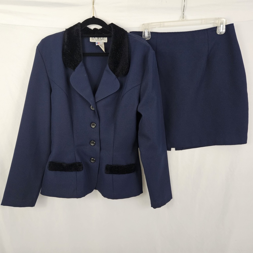 Vintage Y2K La Belle Suit Juniors 11 Blue Blazer Faux Fur Mini Skirt 90's Preppy